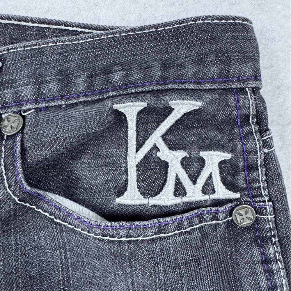 King Maker Mens Straight Leg Jeans Black Faded Purple Contrast Stitch Size 34x28 - Picture 7 of 15